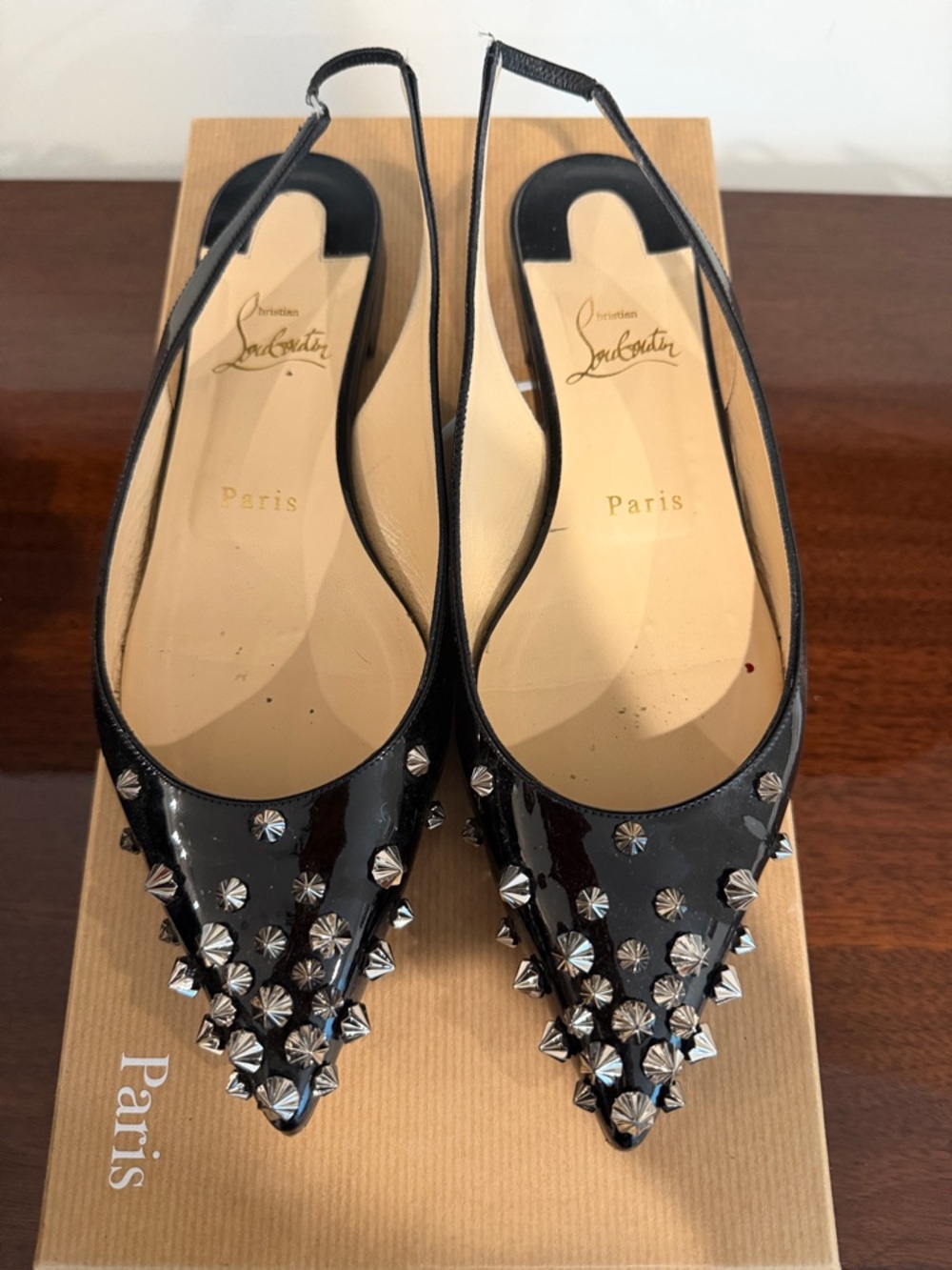 Christian Louboutin Black Patent Studded Pointed Slingback Flats